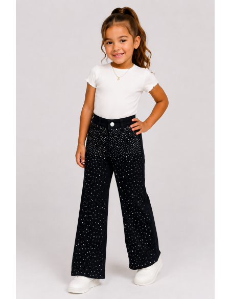 Jean noir strass évasé fille - porté de face