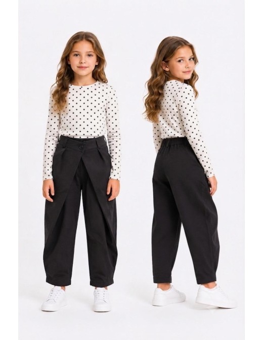 Pantalon Noir Croisé Coupe Barrel Fille - 4 à 14 ans
