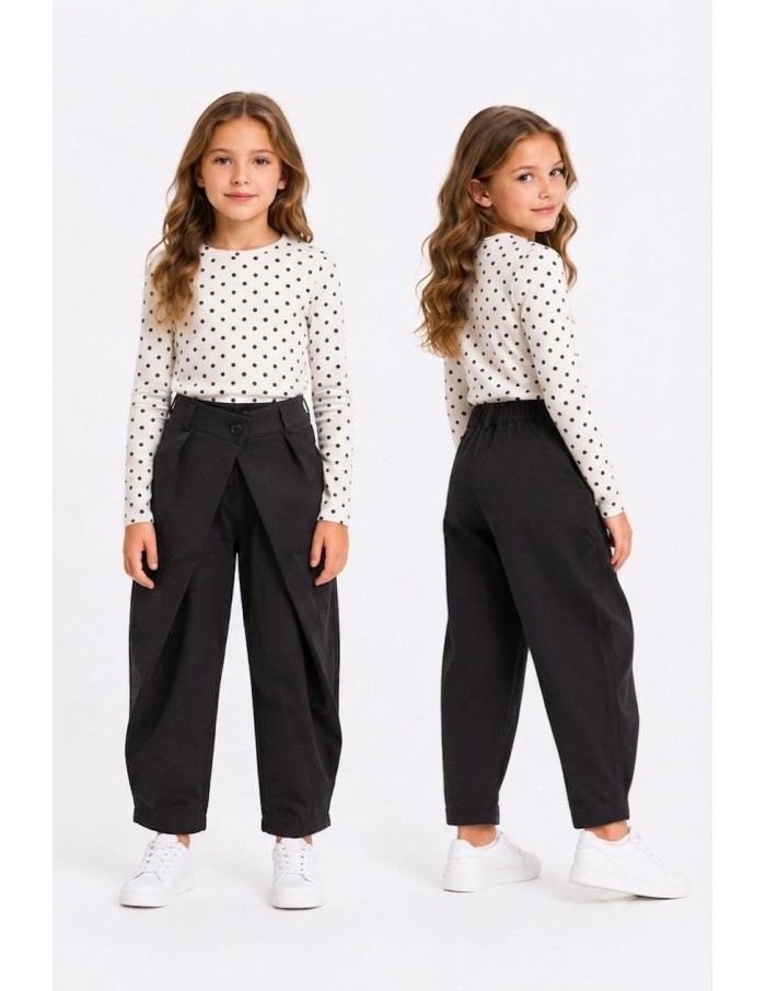 Pantalon Noir Croisé Coupe Barrel Fille - 4 à 14 ans