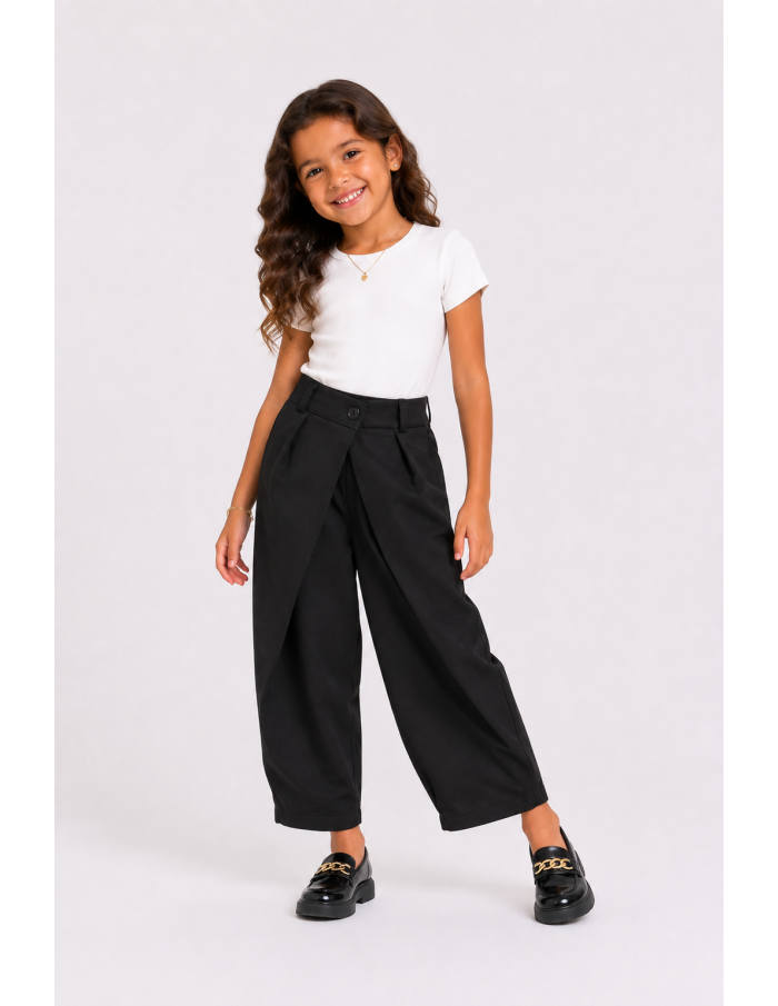 Pantalon Noir Croisé Coupe Barrel Fille - 4 à 14 ans