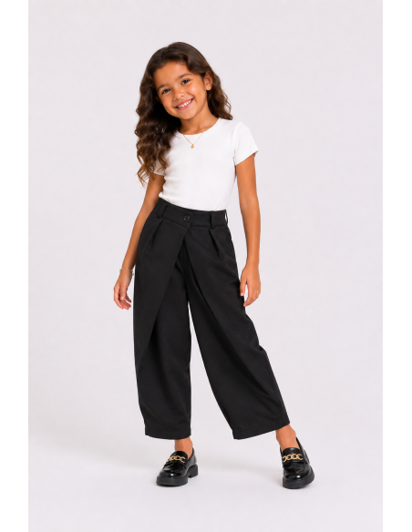 Pantalon Noir Croisé Coupe Barrel Fille - 4 à 14 ans