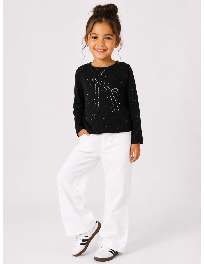 Top Strass Noeud Noir Fille | Zerda