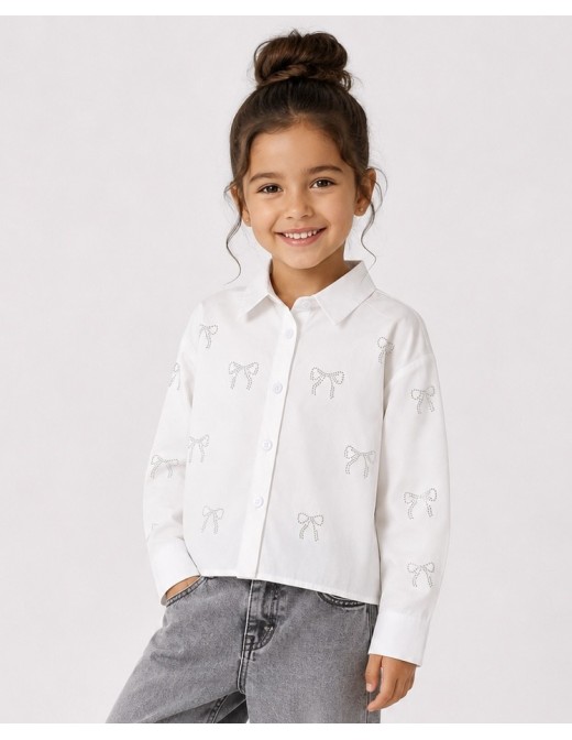 Chemise Strass Noeud Blanche Fille | Zerda