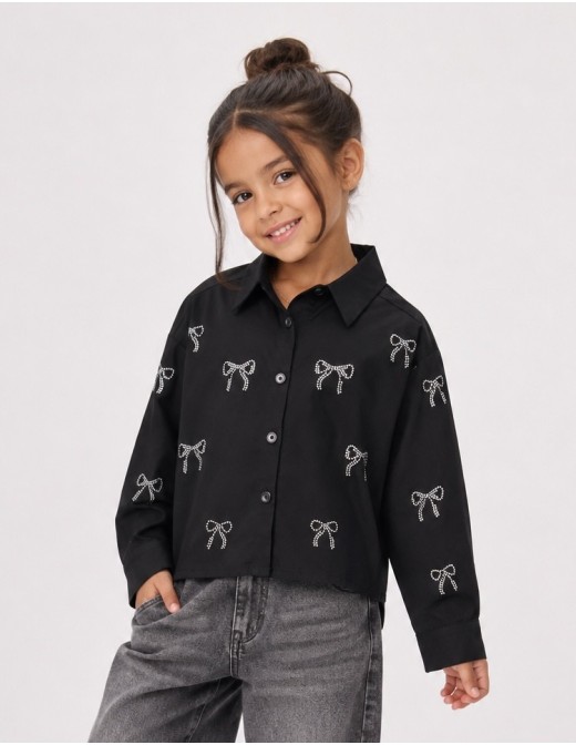 Chemise Strass Noeud Noire Fille | Zerda