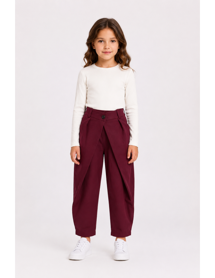 Pantalon Bordeaux Croisé Coupe Barrel Fille | Zerda