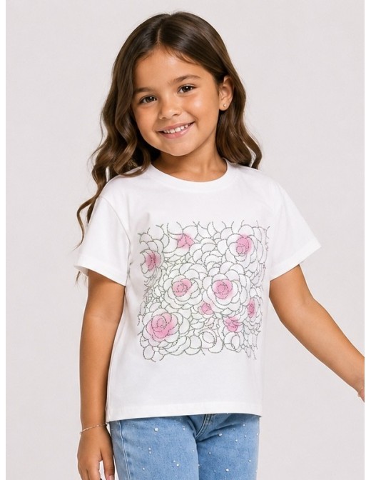 T-shirt Strass Fleurs Roses Fille | Zerda