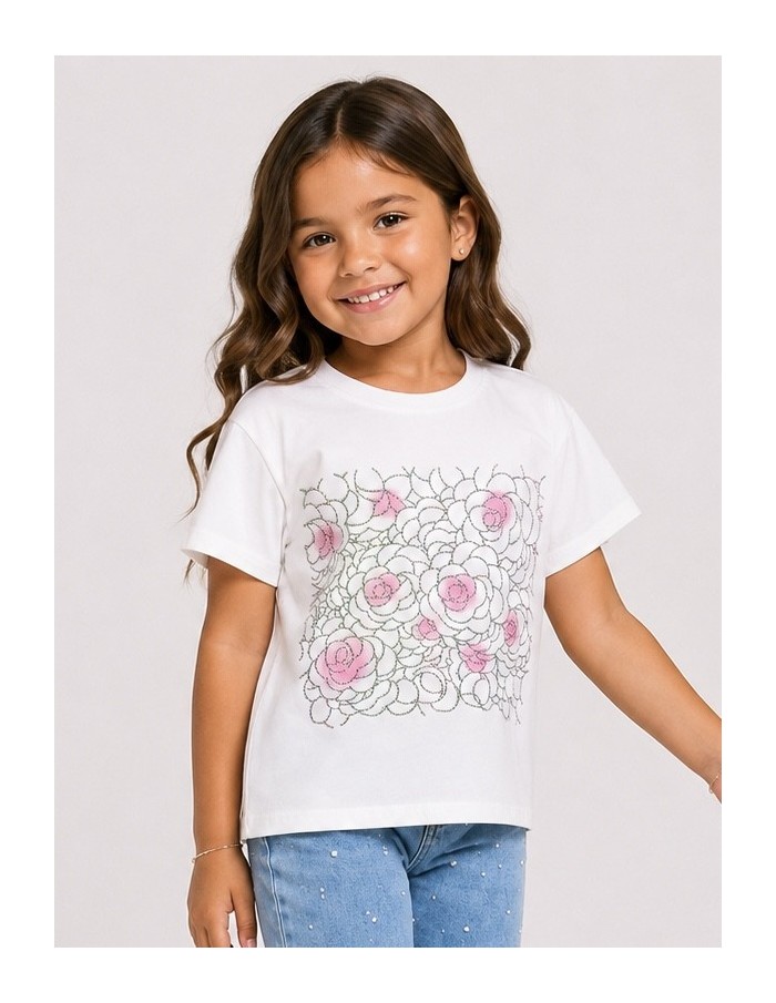T-shirt Strass Fleurs Roses Fille | Zerda