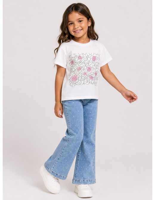 T-shirt Strass Fleurs Roses Fille | Zerda 2