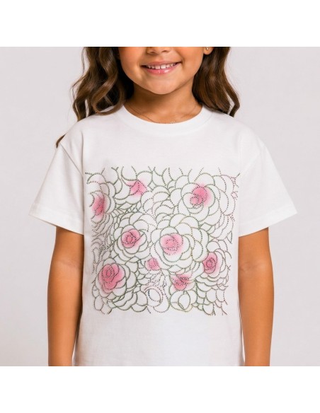 T-shirt Strass Fleurs Roses Fille | Zerda