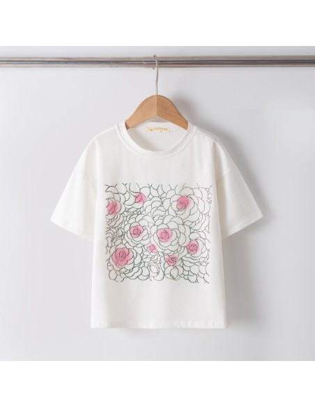 T-shirt Strass Fleurs Roses Fille | Zerda