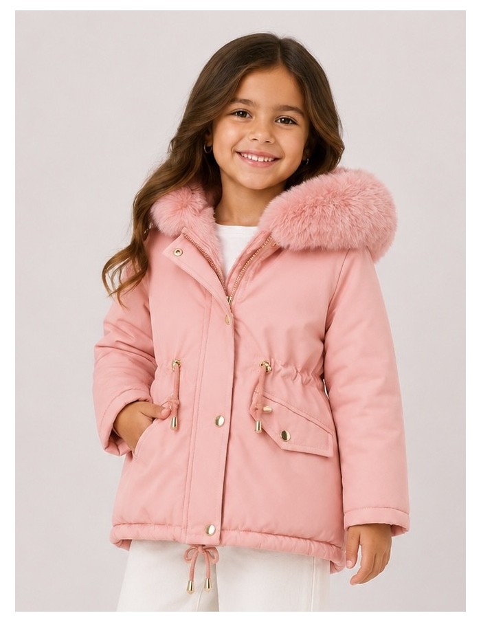 Doudoune Rose Capuche Fourrure Fille | Zerda