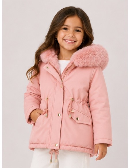 Doudoune Rose Capuche Fourrure Fille | Zerda