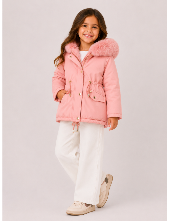 Doudoune Rose Capuche Fourrure Fille | Zerda