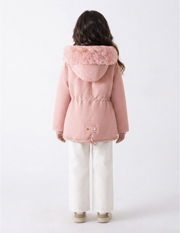 Doudoune Rose Capuche Fourrure Fille | Zerda