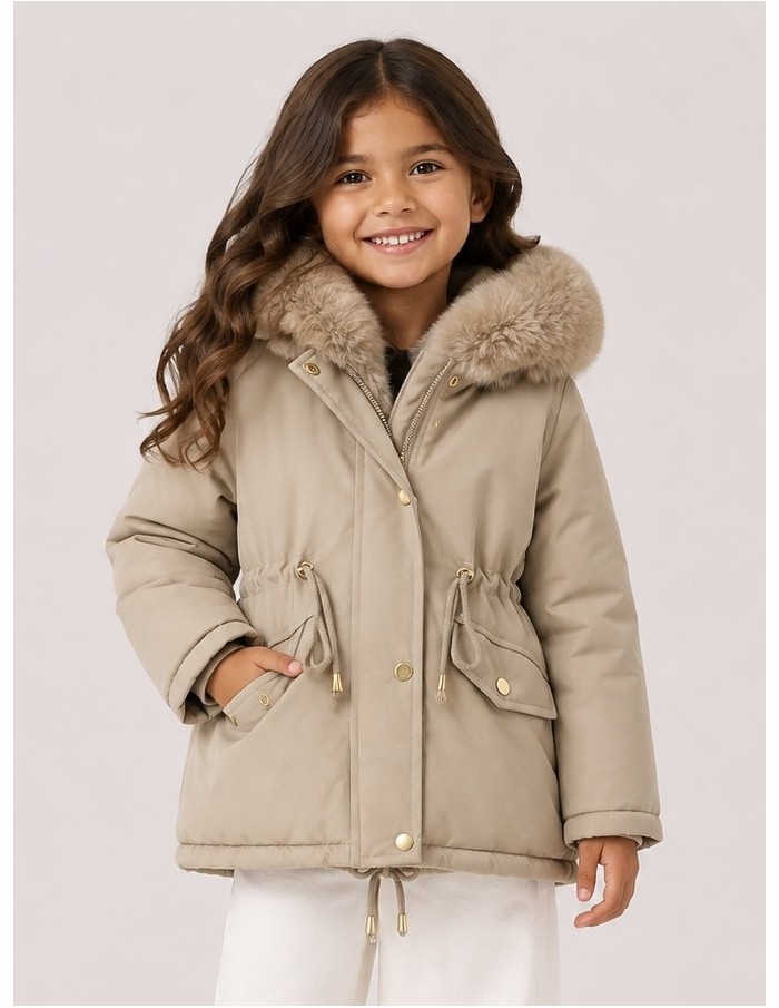 Doudoune Beige Capuche Fourrure Fille | Zerda