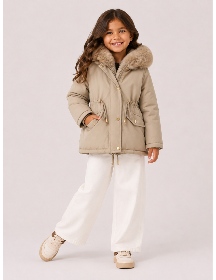 Doudoune Beige Capuche Fourrure Fille | Zerda