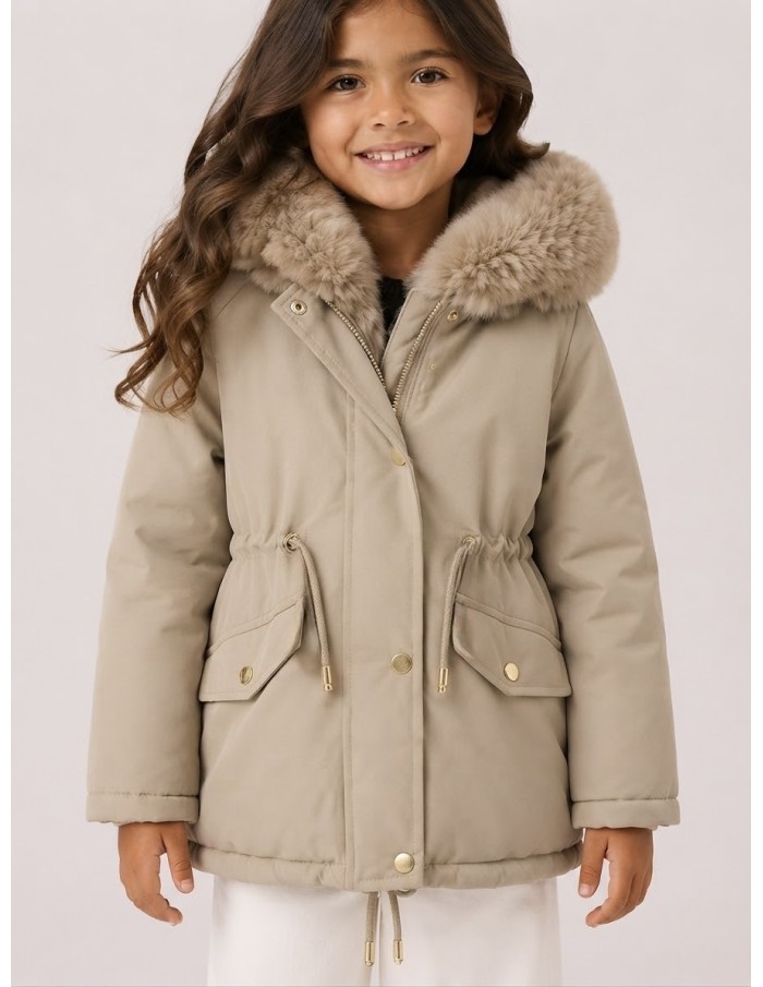 Doudoune Beige Capuche Fourrure Fille | Zerda