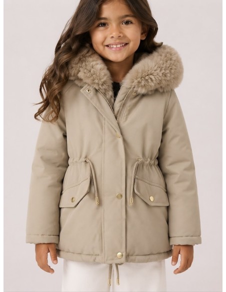 Doudoune Beige Capuche Fourrure Fille | Zerda