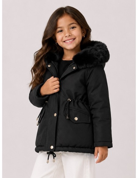 Doudoune Noir Capuche Fourrure Fille | Zerda