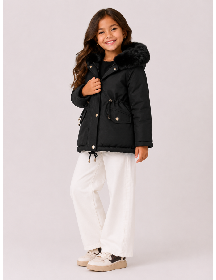 Doudoune Noir Capuche Fourrure Fille | Zerda