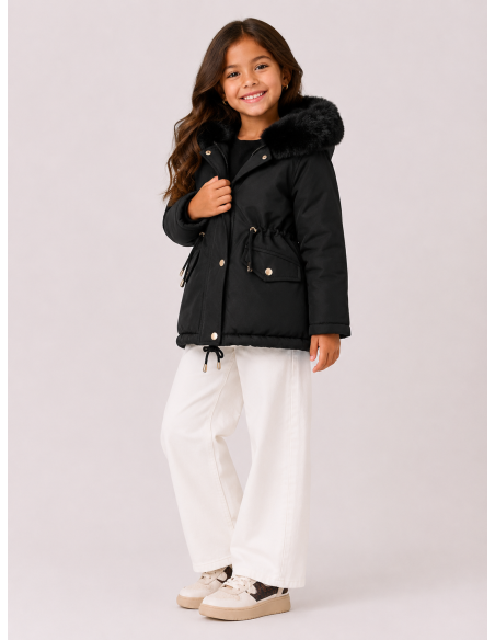 Doudoune Noir Capuche Fourrure Fille | Zerda