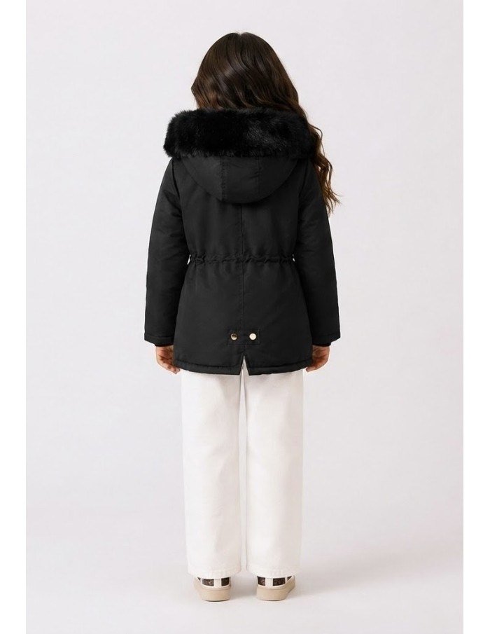 Doudoune Noir Capuche Fourrure Fille | Zerda