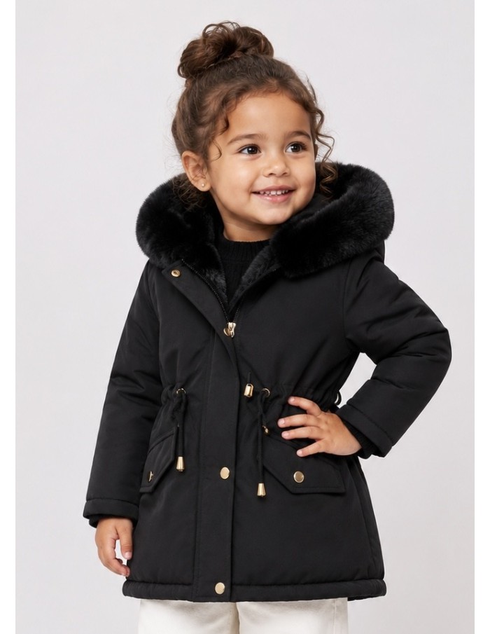 Doudoune Noir Capuche Fourrure Fille | Zerda
