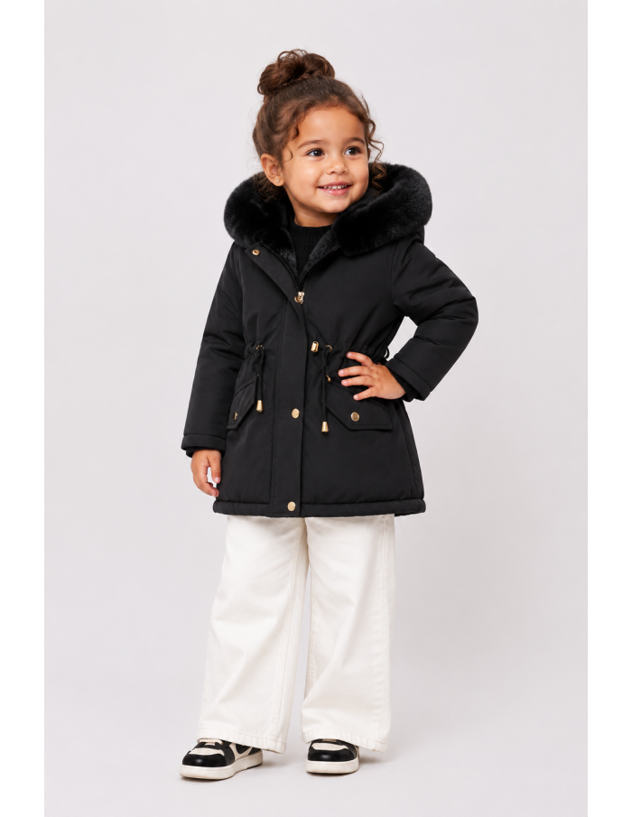 Doudoune Noir Capuche Fourrure Fille | Zerda