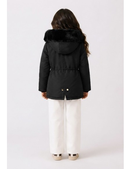 Doudoune Noir Capuche Fourrure Fille | Zerda