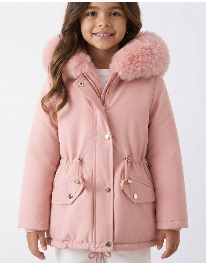Doudoune Rose Capuche Fourrure Fille | Zerda