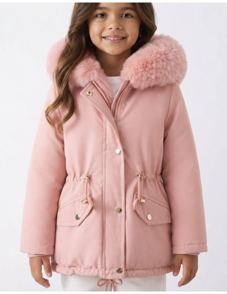 Doudoune Rose Capuche Fourrure Fille | Zerda