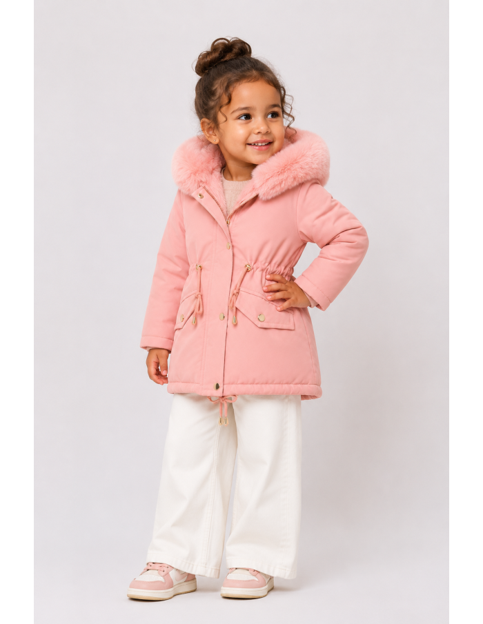 Doudoune Rose Capuche Fourrure Fille | Zerda