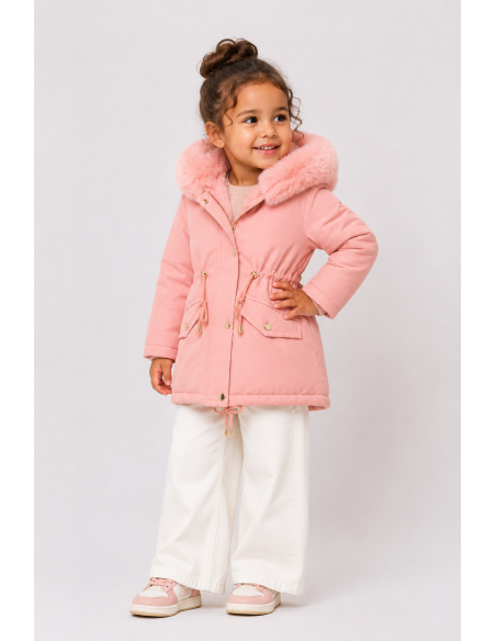 Doudoune Rose Capuche Fourrure Fille | Zerda