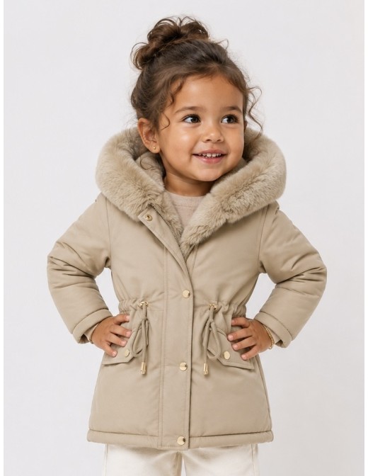 Doudoune Beige Capuche Fourrure Fille | Zerda