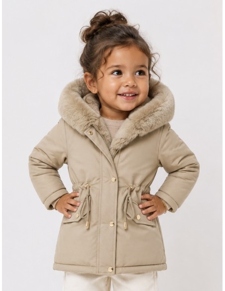 Doudoune Beige Capuche Fourrure Fille | Zerda