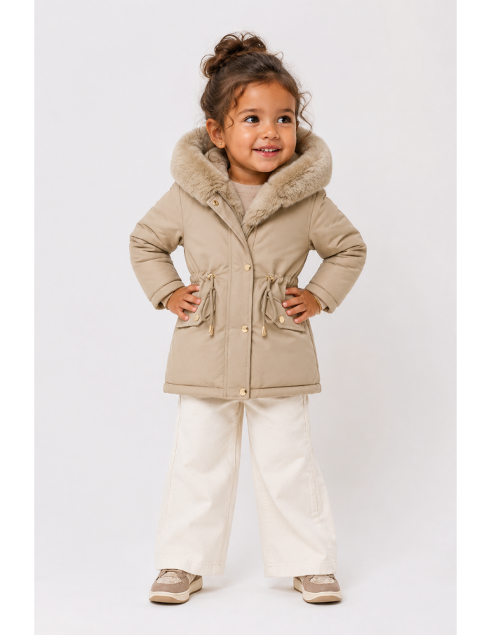 Doudoune Beige Capuche Fourrure Fille | Zerda