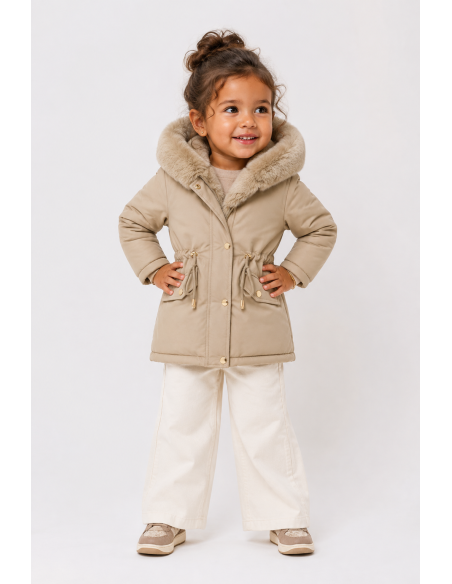 Doudoune Beige Capuche Fourrure Fille | Zerda