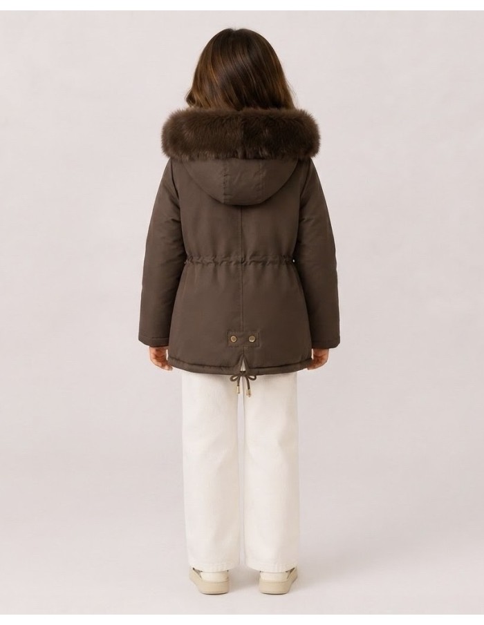Doudoune Chocolat Capuche Fourrure Fille | Zerda
