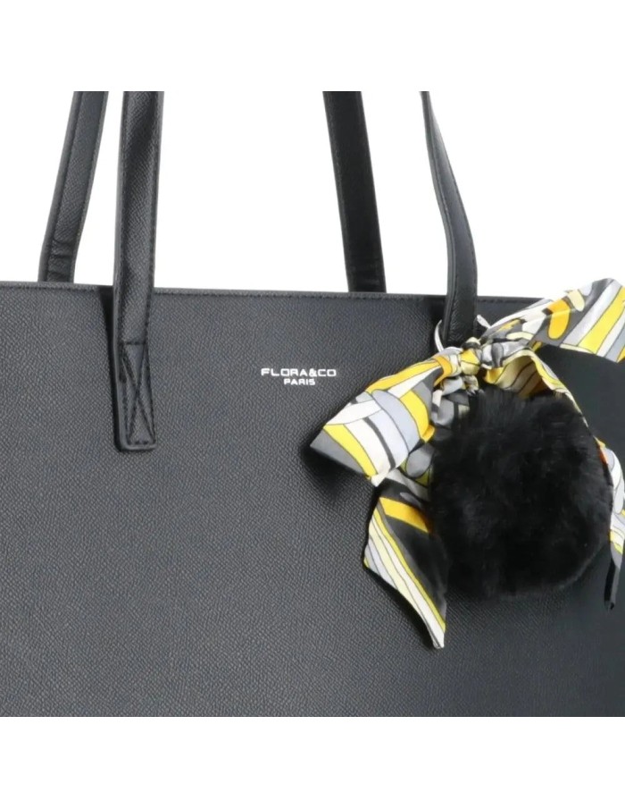 Sac Cabas Noir Pompon Foulard Flora & Co | Zerda