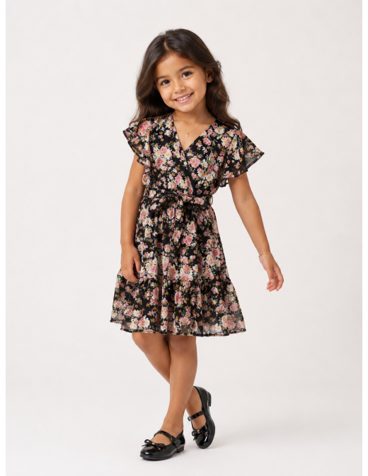 Robe Fleurie Noire Noeud Fille | Zerda