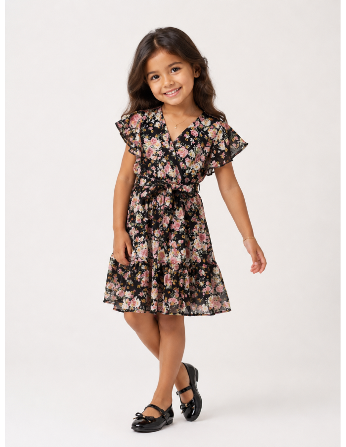 Robe Fleurie Noire Noeud Fille | Zerda