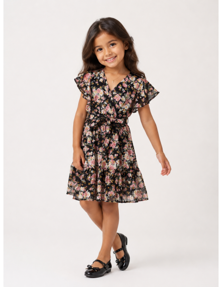Robe Fleurie Noire Noeud Fille | Zerda