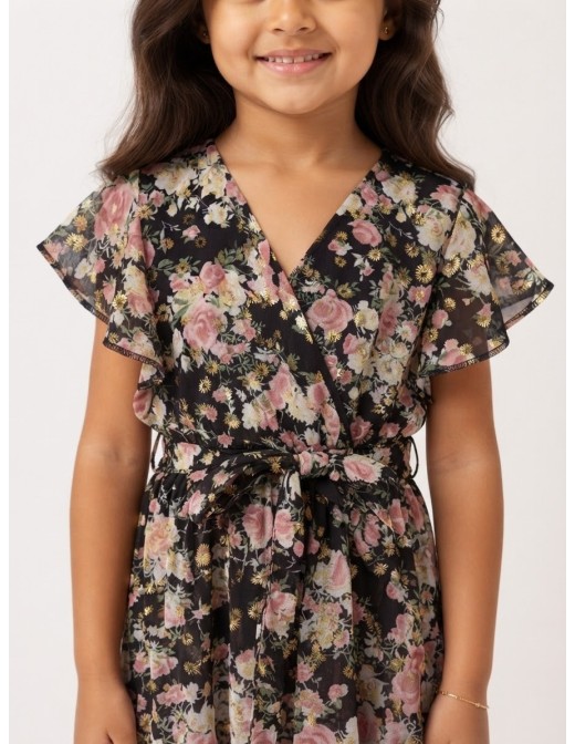 Robe Fleurie Noire Noeud Fille | Zerda 2