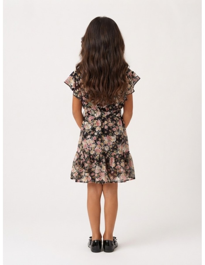 Robe Fleurie Noire Noeud Fille | Zerda