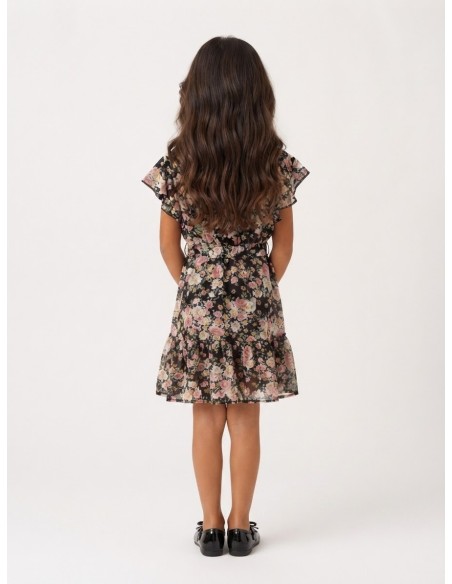Robe Fleurie Noire Noeud Fille | Zerda