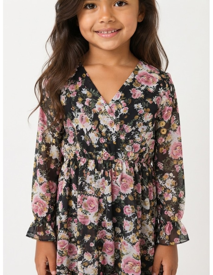 Robe Fleurie Noire Manches Longues | Zerda