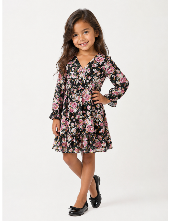 Robe Fleurie Noire Manches Longues | Zerda
