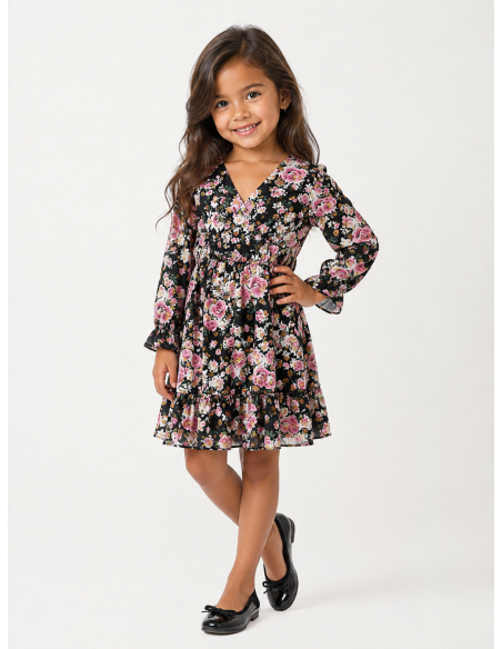 Robe Fleurie Noire Manches Longues | Zerda