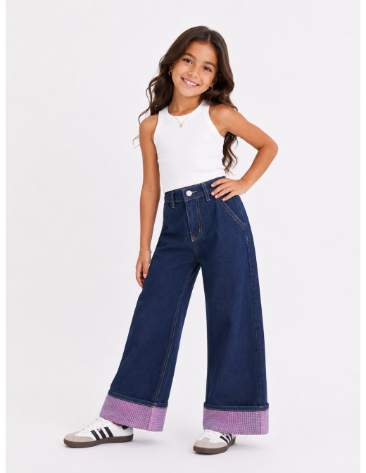 Jean Foncé Revers Rose Strassé Fille | Zerda 2