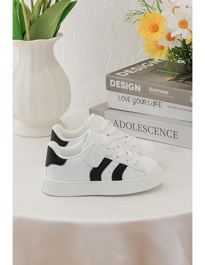 Sneakers Blanches Bandes Noires Enfant | Zerda